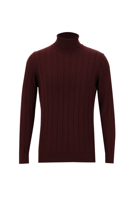 Koyu Bordo Balıkçı Yaka Slim Fit Dar Kesim Desenli Triko Kazak