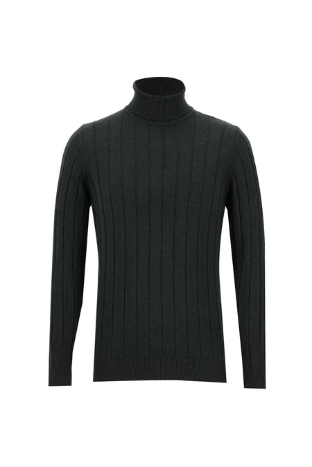 Koyu Antrasit Melanj Balıkçı Yaka Slim Fit Dar Kesim Desenli Triko Kazak