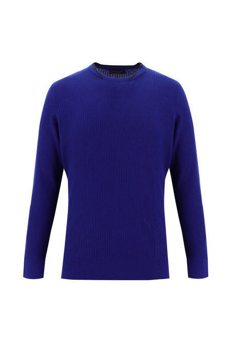 Saks Mavi Bisiklet Yaka Regular Fit Desenli Triko Kazak