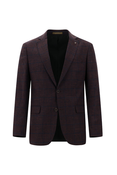 Açık Bordo Regular Fit İtalyan Yünlü Klasik Ekose Ceket