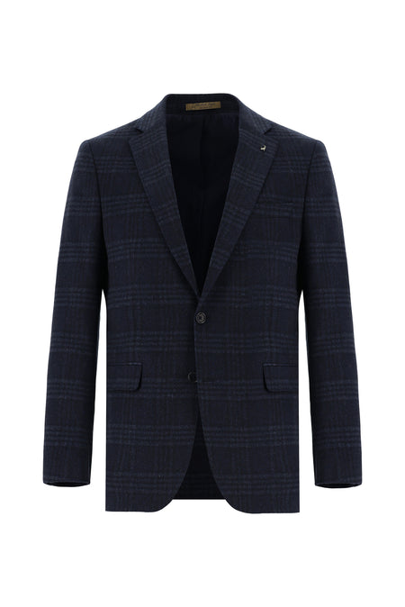 Orta Lacivert Regular Fit Ekose Kaşmir Ceket