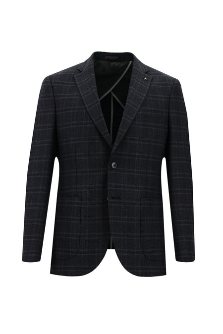 Koyu Lacivert Slim Fit Dar Kesim Ekose Spor Ceket