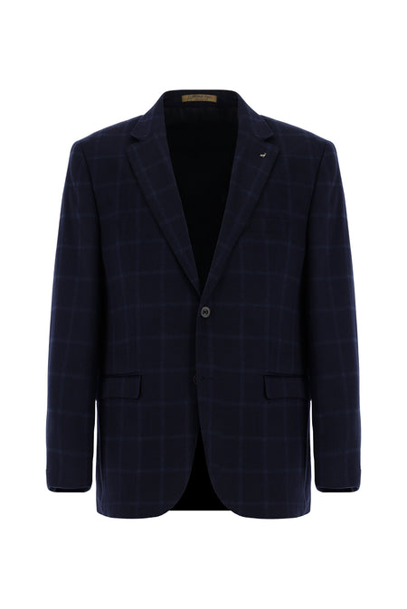 Koyu Lacivert Regular Fit Kareli Kaşmir Ceket
