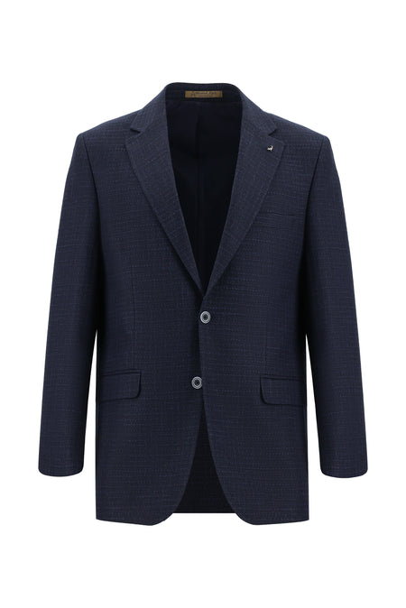 Orta Lacivert Relaxed Fit Rahat Kesim İtalyan Yünlü Klasik Desenli Ceket
