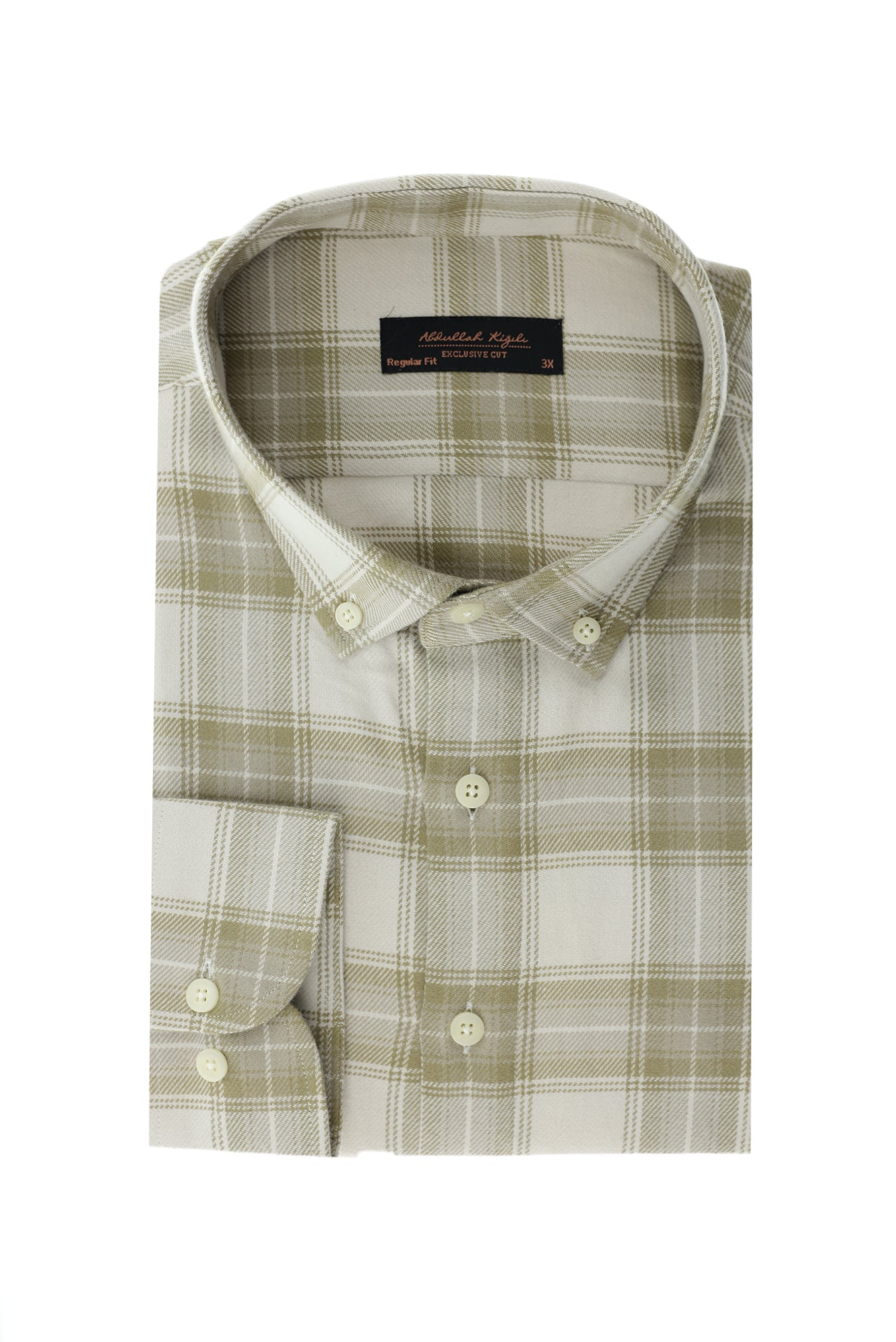 Orta Bej Büyük Beden Uzun Kol Pamuk Ekose Düğmeli Yaka Oduncu Gömlek