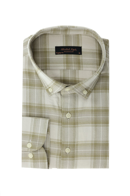 Orta Bej Büyük Beden Uzun Kol Pamuk Ekose Düğmeli Yaka Oduncu Gömlek