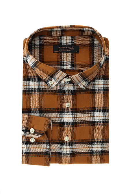 Orta Turuncu Büyük Beden Uzun Kol Pamuk Ekose Düğmeli Yaka Oduncu Gömlek