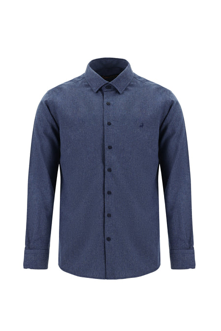İndigo Melanj Uzun Kol Slim Fit Dar Kesim Oduncu Pamuklu Gömlek