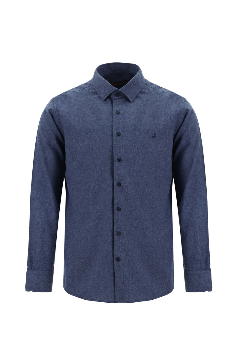 İndigo Melanj Uzun Kol Slim Fit Dar Kesim Oduncu Pamuklu Gömlek
