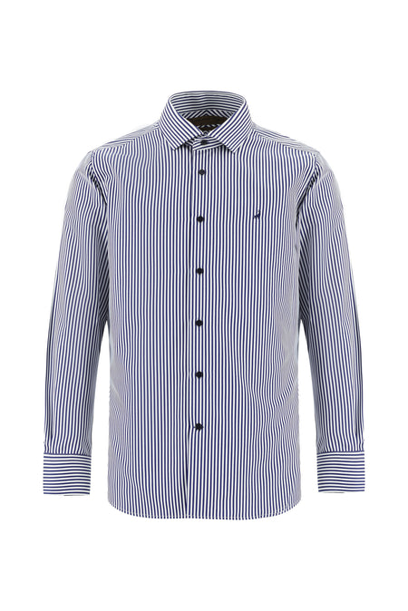 Koyu Lacivert Uzun Kol Slim Fit Dar Kesim İtalyan Çizgili Pamuklu Gömlek