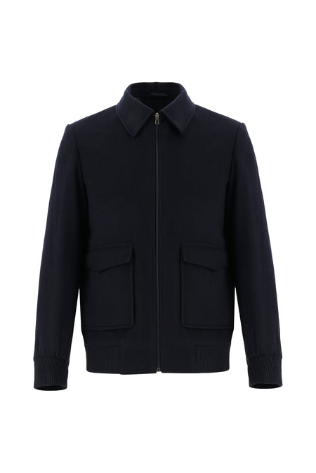 Koyu Lacivert Slim Fit Dar Kesim Yünlü Kaşe Mont