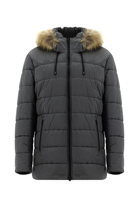 Orta Gri Slim Fit Dar Kesim Kapüşonlu Spor Kaban