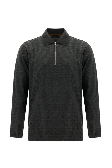 Orta Antrasit Polo Yaka Regular Fit Fermuarlı Desenli Sweatshirt