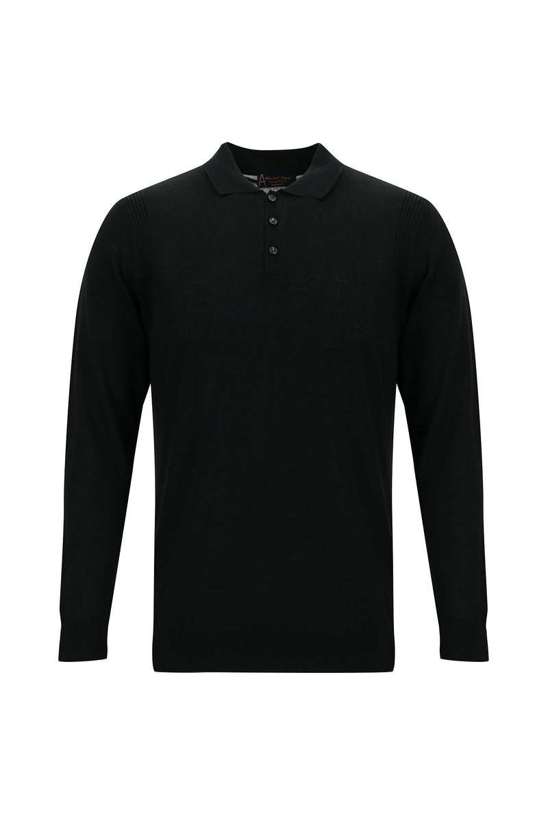 Siyah Polo Yaka Regular Fit Yünlü Triko Kazak