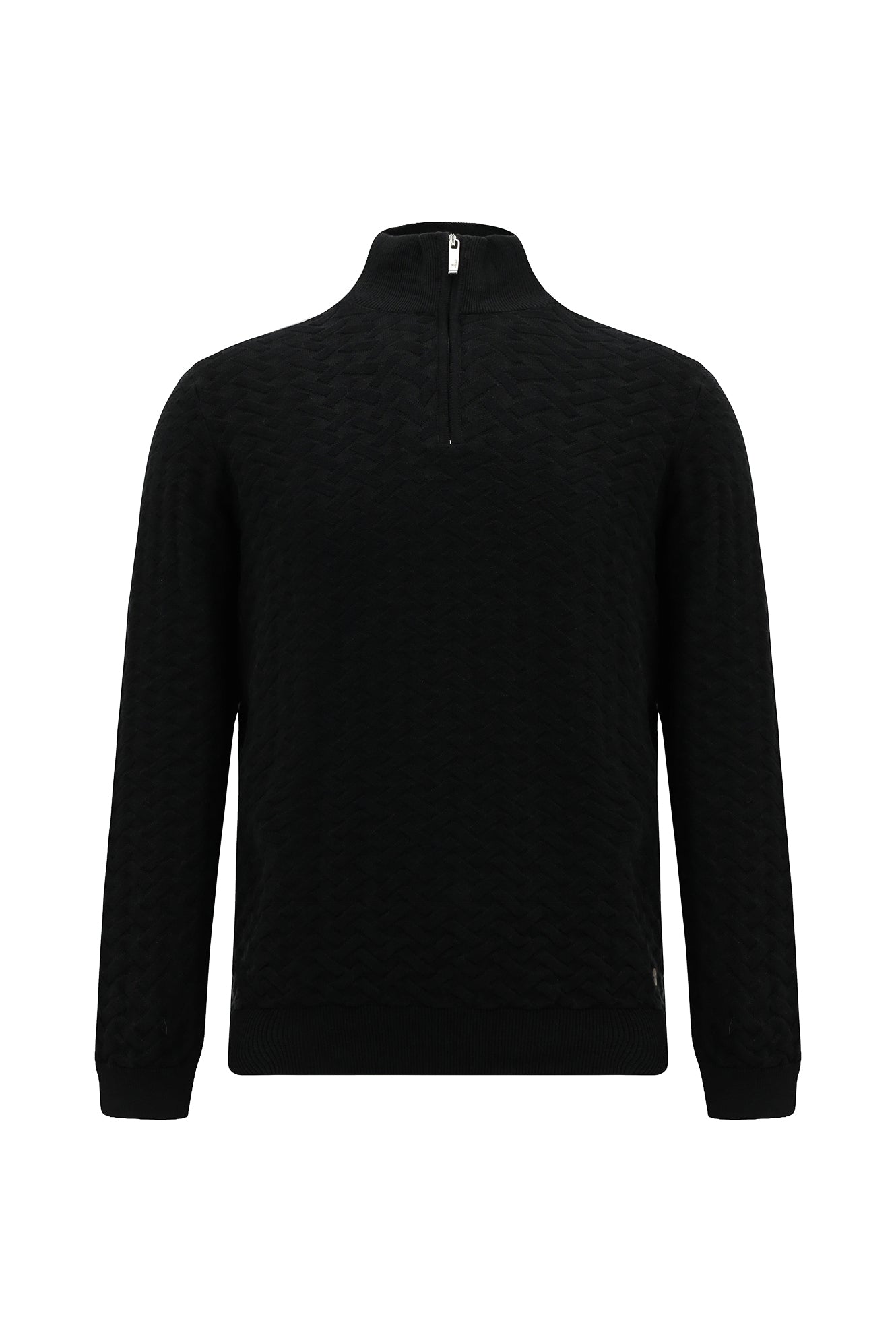 Siyah Yarım Balıkçı Yaka Regular Fit Desenli Fermuarlı Kaşmirli Triko Kazak