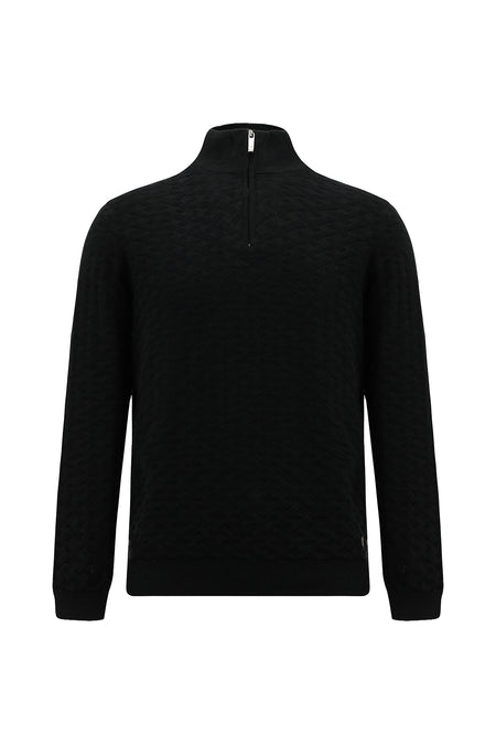 Siyah Yarım Balıkçı Yaka Regular Fit Desenli Fermuarlı Kaşmirli Triko Kazak