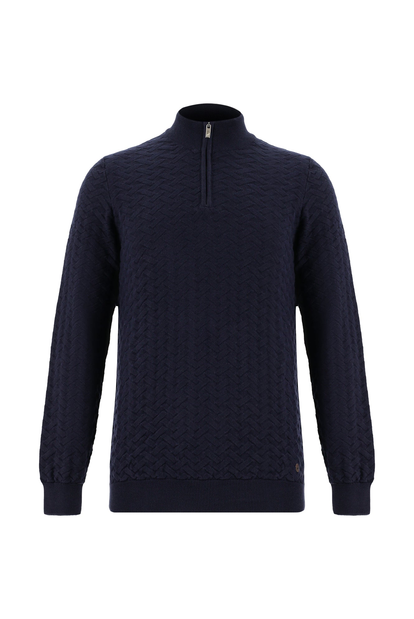 Koyu Lacivert Yarım Balıkçı Yaka Regular Fit Desenli Fermuarlı Kaşmirli Triko Kazak