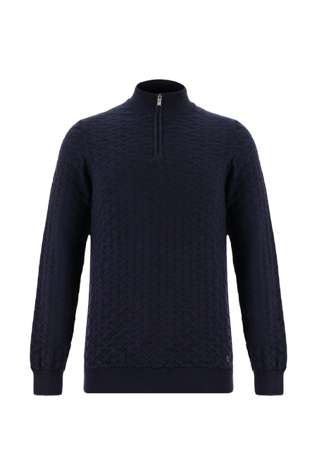 Koyu Lacivert Yarım Balıkçı Yaka Regular Fit Desenli Fermuarlı Kaşmirli Triko Kazak