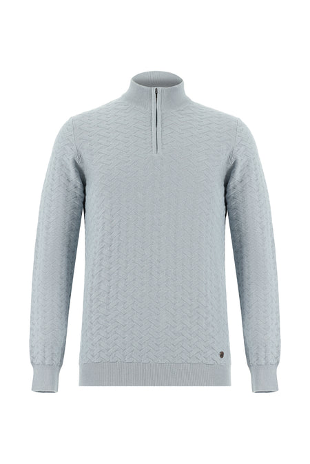 Uçuk Mavi Yarım Balıkçı Yaka Regular Fit Desenli Fermuarlı Kaşmirli Triko Kazak