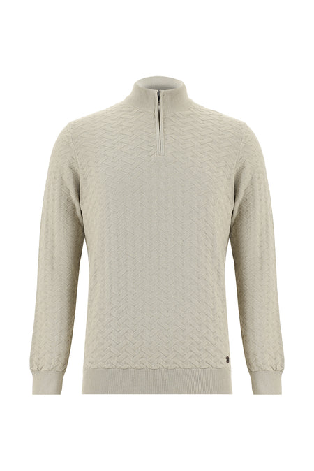 Orta Vizon Yarım Balıkçı Yaka Regular Fit Desenli Fermuarlı Kaşmirli Triko Kazak