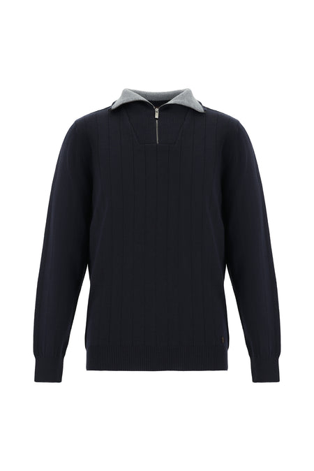 Koyu Lacivert Yarım Balıkçı Yaka Regular Fit Fermuarlı Desenli Yünlü Triko Kazak