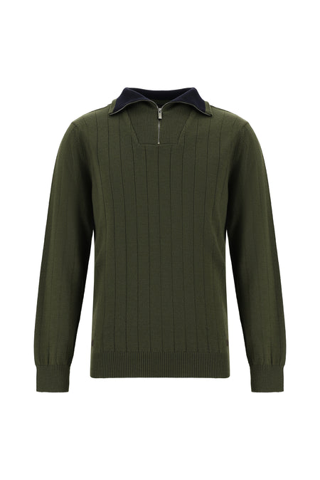 Orta Haki Yarım Balıkçı Yaka Regular Fit Fermuarlı Desenli Yünlü Triko Kazak