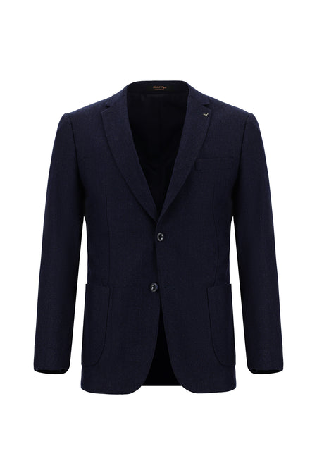 Koyu Lacivert Super Slim Fit Ekstra Dar Kesim Yünlü Desenli Spor Ceket