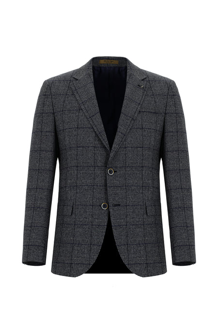 Açık Lacivert Slim Fit Dar Kesim İtalyan Ekose Yünlü Ceket