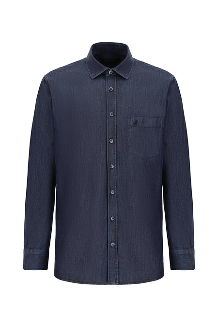 Koyu Lacivert Uzun Kol Regular Fit Pamuklu Denim Gömlek