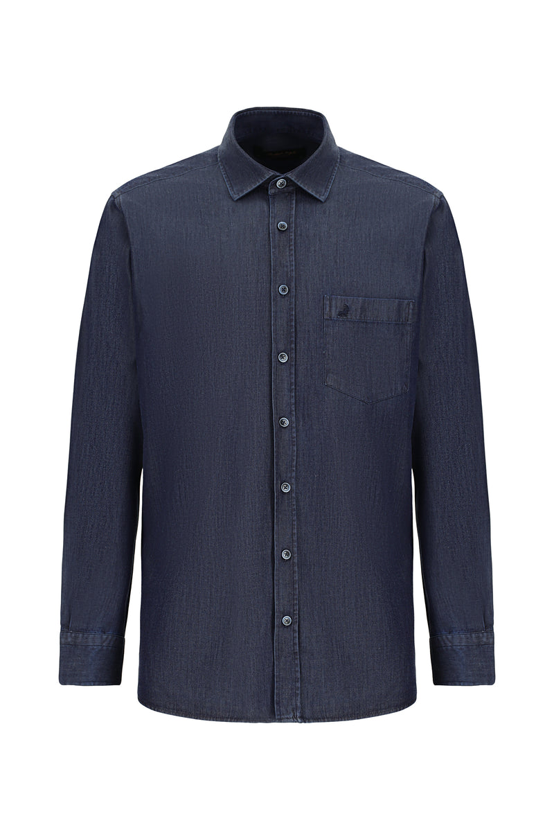 Koyu Lacivert Uzun Kol Regular Fit Pamuklu Denim Gömlek