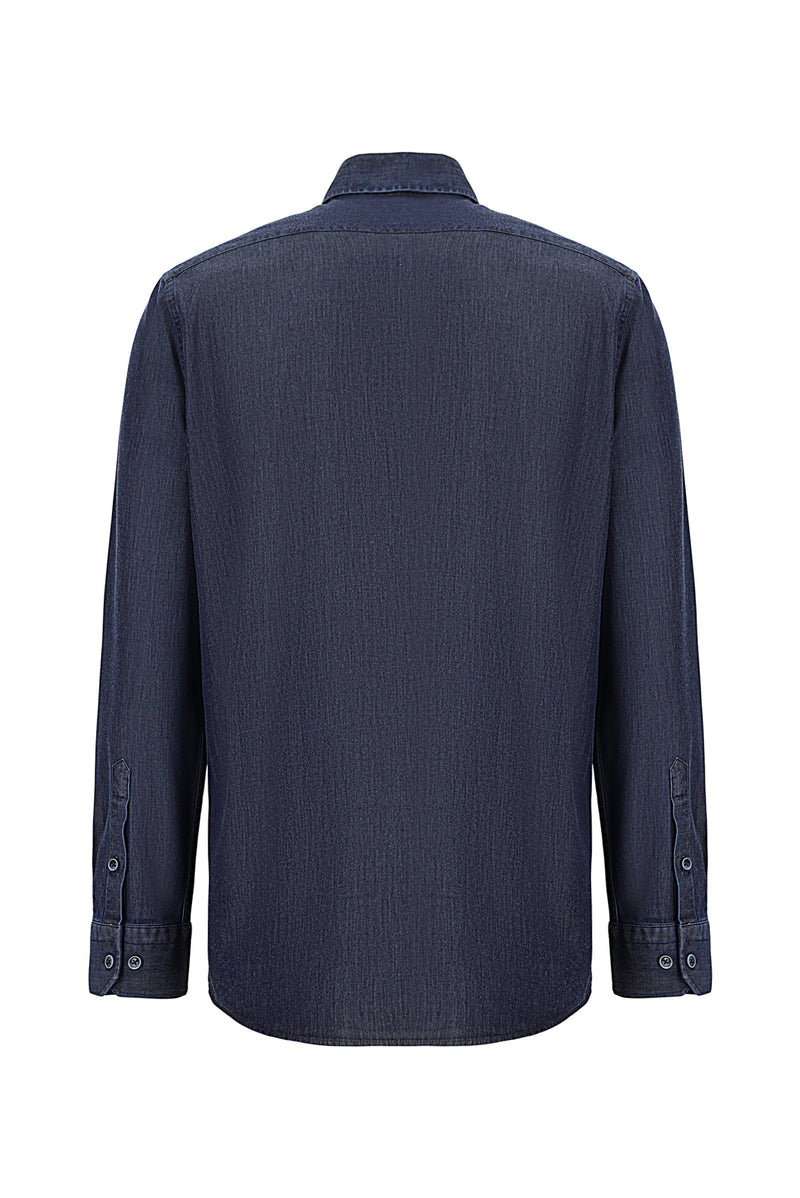 Koyu Lacivert Uzun Kol Regular Fit Pamuklu Denim Gömlek