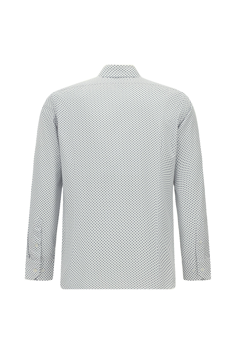 Orta Lacivert Uzun Kol Slim Fit Dar Kesim Baskılı Pamuk Gömlek
