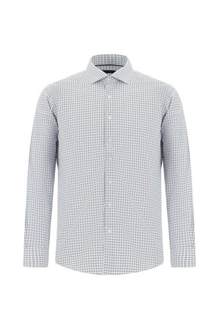 Orta Lacivert Uzun Kol Slim Fit Dar Kesim Ekose Pamuk Gömlek