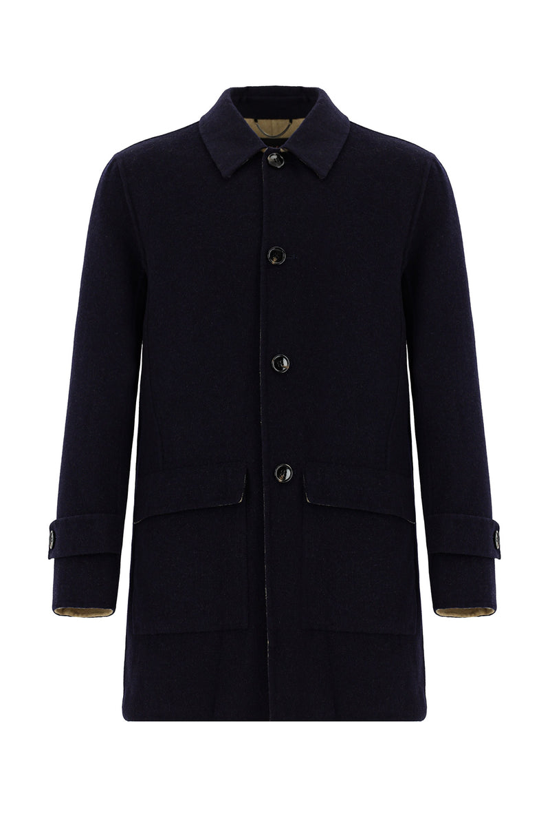 Koyu Lacivert Yünlü Klasik Kaban