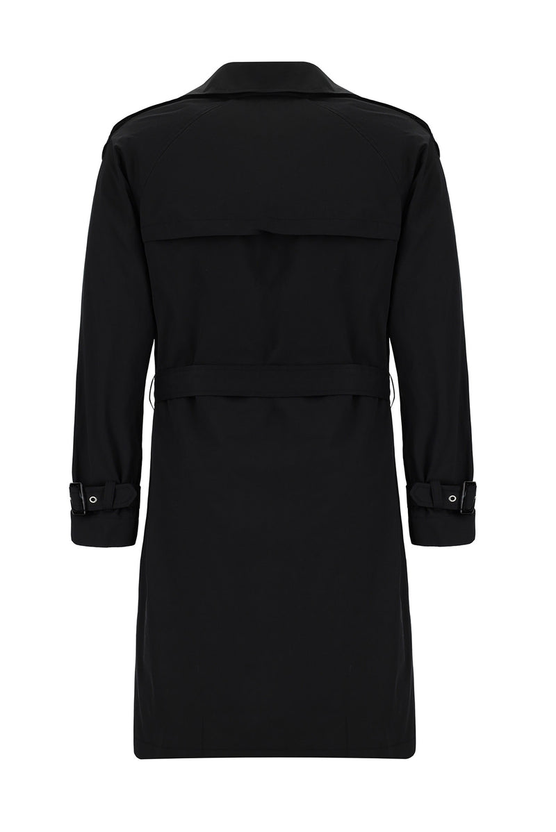 Siyah Pamuklu Kruvaze Pardösü & Trençkot