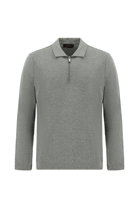 Orta Gri Melanj Polo Yaka Regular Fit Fermuarlı Nakışlı Pamuklu Sweatshirt