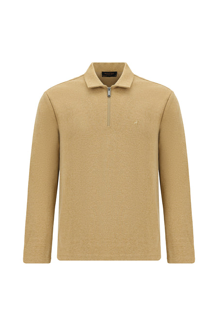 Orta Bej Polo Yaka Regular Fit Fermuarlı Nakışlı Pamuklu Sweatshirt