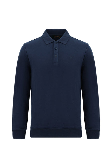 Koyu Lacivert Polo Yaka Regular Fit Nakışlı Pamuklu Sweatshirt