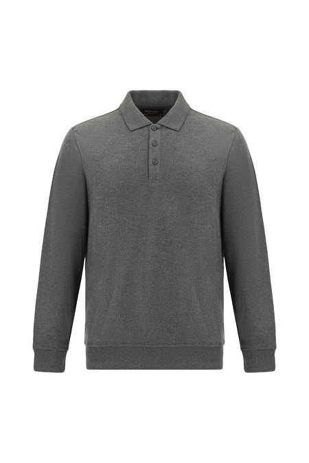 Koyu Antrasit Melanj Polo Yaka Regular Fit Nakışlı Pamuklu Sweatshirt