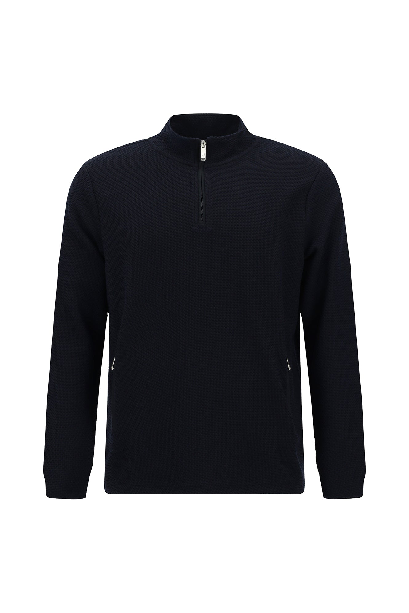 Koyu Lacivert Yarım Balıkçı Yaka Regular Fit Fermuarlı Desenli Sweatshirt