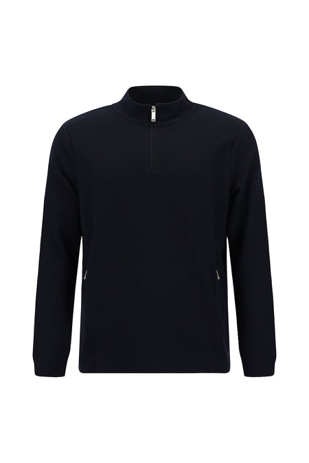Koyu Lacivert Yarım Balıkçı Yaka Regular Fit Fermuarlı Desenli Sweatshirt