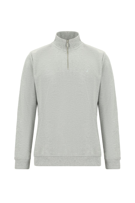 Orta Gri Melanj Bato Yaka Regular Fit Pamuklu Fermuarlı Sweatshirt