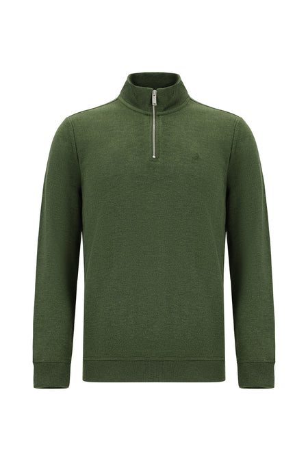 Orta Haki Melanj Yarım Balıkçı Yaka Regular Fit Pamuklu Fermuarlı Sweatshirt