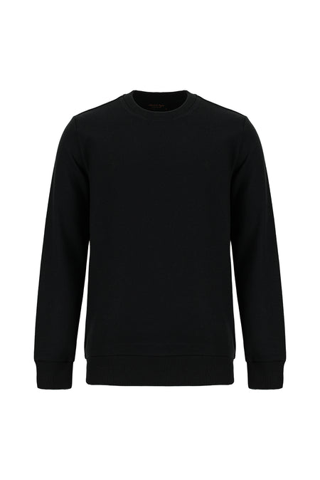 Siyah Bisiklet Yaka Regular Fit Pamuklu Nakışlı Sweatshirt