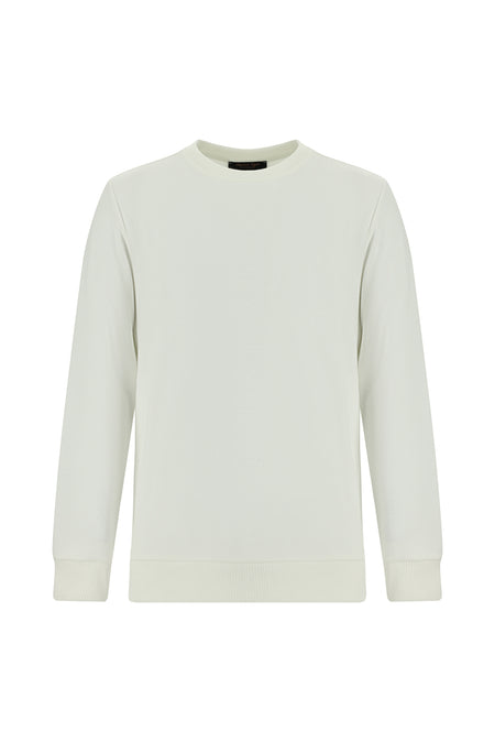 Ekru Bisiklet Yaka Regular Fit Pamuklu Nakışlı Sweatshirt