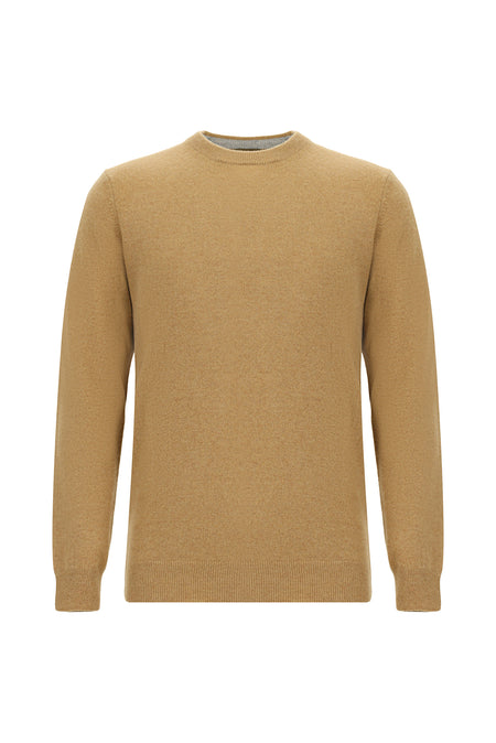 Orta Bej Bisiklet Yaka Regular Fit Yünlü Kaşmirli İtalyan Triko Kazak