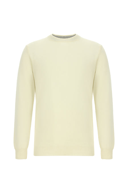 Ekru Bisiklet Yaka Regular Fit Yünlü Kaşmirli İtalyan Triko Kazak