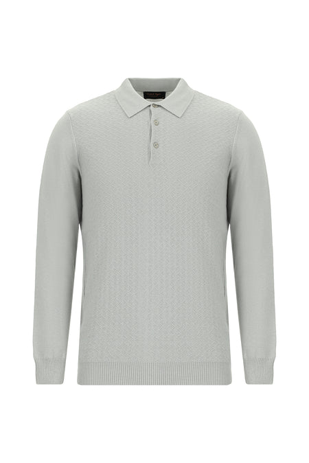 Açık Gri Melanj Polo Yaka Regular Fit Desenli Pamuklu Kaşmirli Triko Kazak