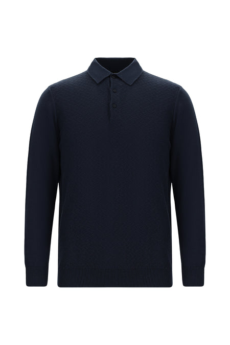 Koyu Lacivert Polo Yaka Regular Fit Desenli Pamuklu Kaşmirli Triko Kazak