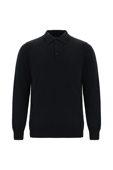 Siyah Polo Yaka Regular Fit Desenli Pamuklu Kaşmirli Triko Kazak